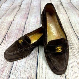 CHANEL vintage chocolate brown suede loafers with gold turnlock CC logo, size 36